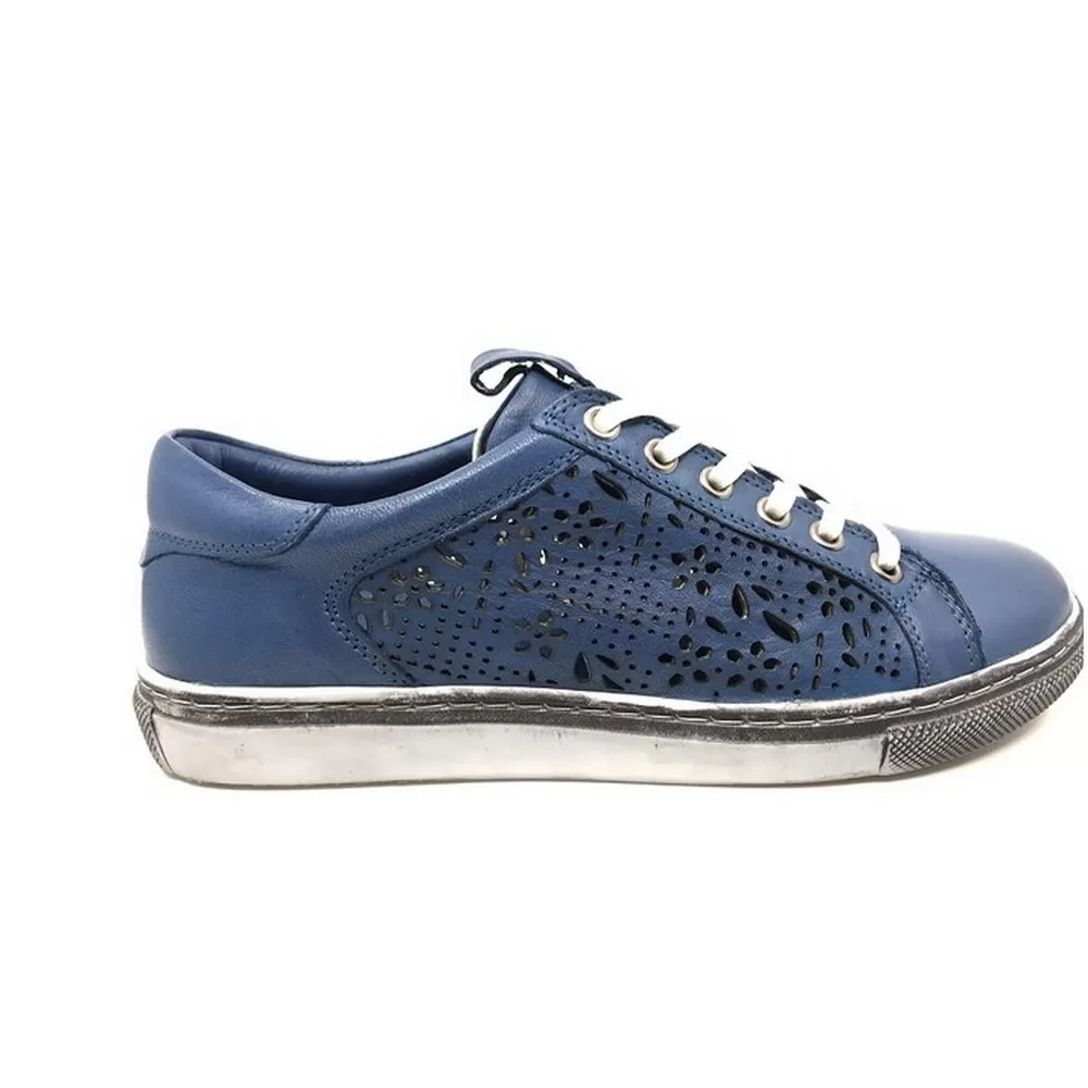 Γυναικεία Sneakers  0829641-274 Δερμάτινα Τρυπητά Μπλε με λευκά κορδόνια