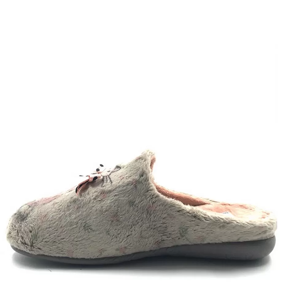 Γυναικείες Παντόφλες 5208-123 σε Πούρο Χρωματισμό με σχέδιο Γατα (Montblanc Niquel)