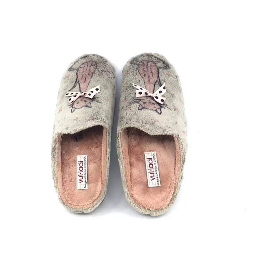 Γυναικείες Παντόφλες 5208-123 σε Πούρο Χρωματισμό με σχέδιο Γατα (Montblanc Niquel)